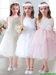 Lovely Scoop Hand Made Flowers and Ruffled Layers Little Girl Pageant Dress in Tea-length