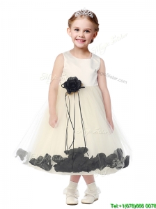 Luxurious Scoop Hand Made Flowers and Appliques Flower Girl Dress in Champagne