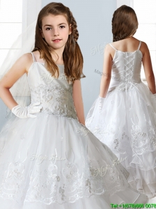 Luxurious White Spaghetti Straps Little Girl Pageant Dress with Appliques and Ruffled Layers