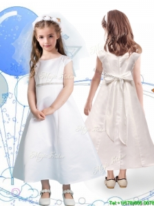 Modest Scoop Cap Sleeves Satin Flower Girl Dress with Sashes