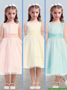 New Style Scoop Flower Girl Dress with Lace and Belt