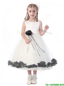 Romantic Scoop Flower Girl Dress with Hand Made Flowers and Appliques