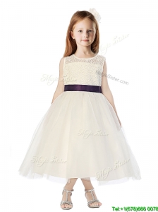 See Through Scoop Flower Girl Dress with Belt and Lace