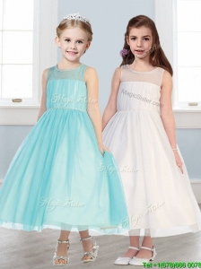 See Through Scoop Tulle Flower Girl Dress with Beading