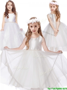 Simple Scoop Belt Tulle Flower Girl Dress in White