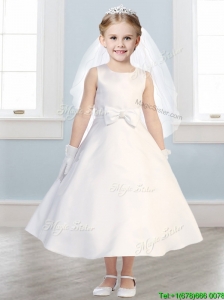 Simple Scoop Satin Bowknot Flower Girl Dress in White