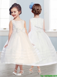 Wonderful Scoop Tulle Bowknot Flower Girl Dress in Champagne