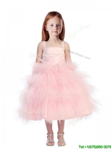 Discount Spaghetti Straps Beading and Ruffled Layers Little Girl Pageant Dress in Pink