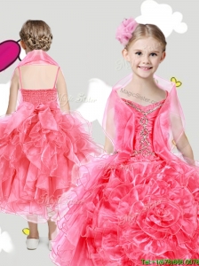Lovely Spaghetti Straps Little Girl Pageant Dress with Beading and Rolling Flowers