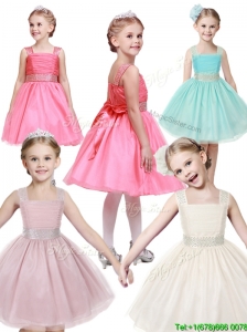 Popular Straps Tulle Little Girl Pageant Dress with Bowknot and Beading