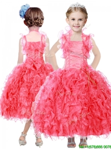 Beautiful Beaded and Ruffled Straps Little Girl Pageant Dress in Coral Red