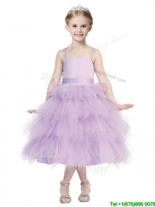 Beautiful Spaghetti Straps Lavender Little Girl Pageant Dress with Beading and Ruffled Layers