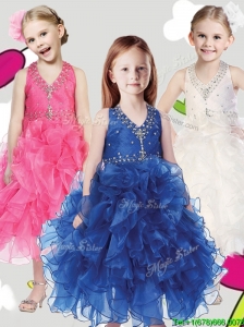 Best Beaded and Ruffled Halter Top Little Girl Pageant Dress in Tea Length