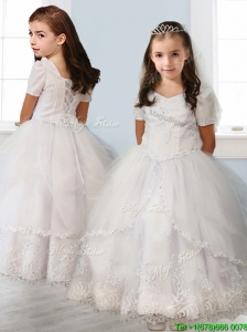 Best Square Short Sleeves White Little Girl Pageant Dress with Beading and Appliques