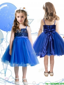 Fashionable Spaghetti Straps Royal Blue Little Girl Pageant Dress with Sashes and Sequins