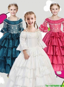 Gorgeous Spaghetti Straps Three Fourth Length Sleeves Little Girl Pageant Dress with Lace and Ruffled Layers
