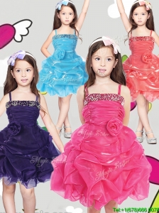 Latest Spaghetti Straps Little Girl Pageant Dress with Hand Made Flowers and Pick Ups
