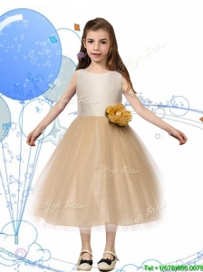 New Scoop Champagne Little Girl Pageant Dress with Hand Made Flowers and Bowknot