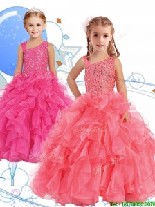 Perfect Beaded and Ruffled Asymmetrical Neckline Little Girl Pageant Dress in Watermelon Red
