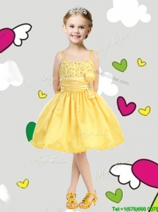 Perfect Spaghetti Straps Belt and Sequins Little Girl Pageant Dress in Yellow