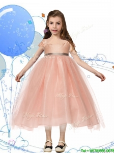 Perfect Square Cap Sleeves Sashes Little Girl Pageant Dress in Peach