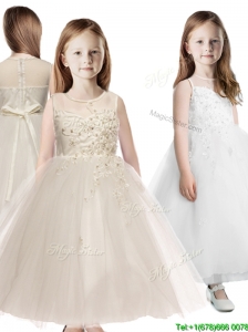 See Through Scoop Appliques Little Girl Pageant Dress in Champagne
