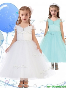 See Through Square Cap Sleeves Little Girl Pageant Dress with Beading