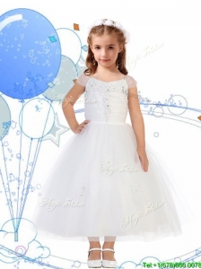 Top Selling Square Cap Sleeves Appliques Little Girl Pageant Dress in White