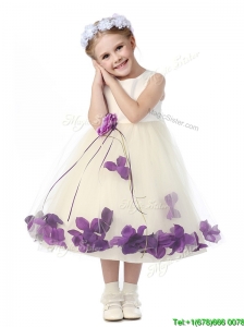 Gorgeous Scoop Little Girl Pageant Dress with Purple Hand Made Flowers and Appliques