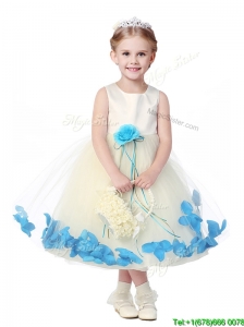 Lovely Tea Length Scoop Little Girl Pageant Dress with Hand Made Flowers and Appliques