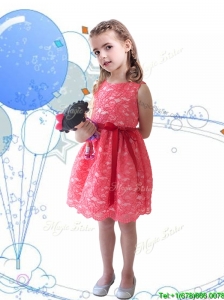 New Style Scoop Sashes and Lace Little Girl Pageant Dress in Coral Red