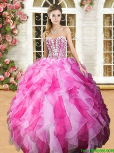 Lovely Beaded and Ruffled Sweet 16 Dress in Hot Pink and White