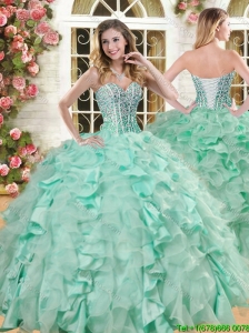 Lovely Big Puffy Apple Green Quinceanera Gown with Beading and Ruffles