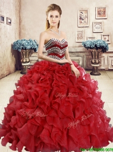 2016 New Style Organza Red Sweet 16 Dress with Beading and Ruffles