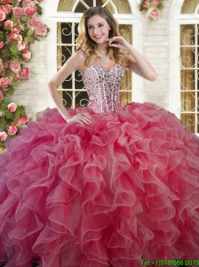 Beautiful Coral Red Big Puffy Quinceanera Dress with Ruffles and Beading