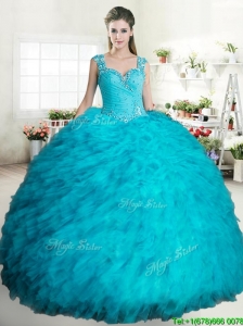 Cheap Beaded and Ruffled Turquoise Quinceanera Dress in Tulle