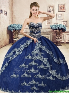 Classical Navy Blue Organza Sweet 16 Dress with Beading and Appliques