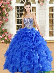 Discount Organza Royal Blue Quinceanera Gown with Beading and Ruffles