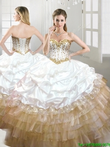 Fashionable Beaded and Pick Ups Quinceanera Dress in White and Gold