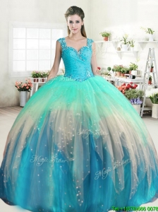 Latest Straps Beaded and Ruffled Quinceanera Dress in Rainbow