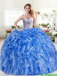 New Arrivals Beaded and Ruffled Blue Quinceanera Dress in Organza