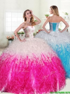Unique Hot Pink and White Quinceanera Dress with Beading and Ruffles