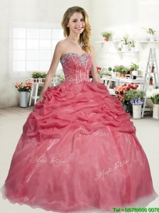 Latest Organza Coral Red Quinceanera Dress with Beading and Pick Ups