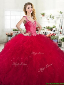 Luxurious Straps Beaded and Ruffled Quinceanera Dress in Red