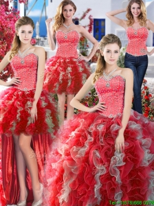 2016 Popular Beaded and Ruffled Detachable Quinceanera Dresses in Red and Grey