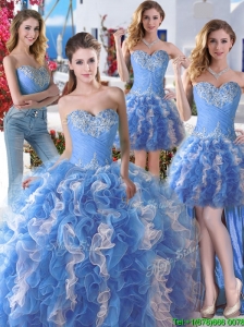 Comfortable Applique and Ruffled Detachable Quinceanera Dresses in Blue and White