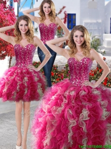 Visible Boning Beaded Bodice and Ruffled Detachable Quinceanera Dresses in Hot Pink and Champagne
