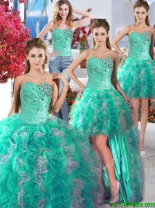Cheap Turquoise and White Detachable Quinceanera Dresses with Beading and Ruffles