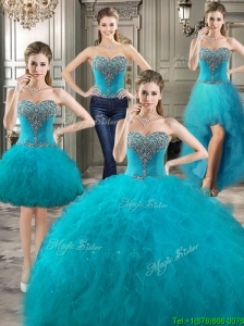 Classical Big Puffy Teal Detachable Quinceanera Dresses with Beading and Ruffles