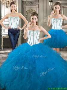 Exclusive Beaded and Ruffled Detachable Quinceanera Dresses in Blue and White